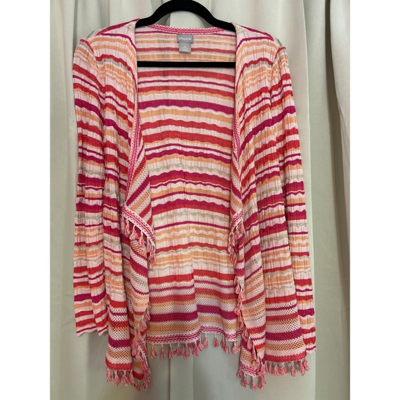 Chico's Sweaters - Chico's Striped Open Front Cardigan Pink Orange‎ Tassel Fringe Size 0 Small